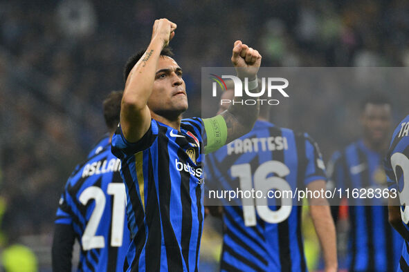 Lautaro Martinez of F.C. Inter celebrates after scoring the goal of 3-0 during the UEFA Champions League 2024/25 League Phase MD2 match betw...