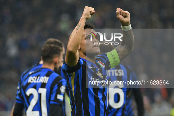 Lautaro Martinez of F.C. Inter celebrates after scoring the goal of 3-0 during the UEFA Champions League 2024/25 League Phase MD2 match betw...