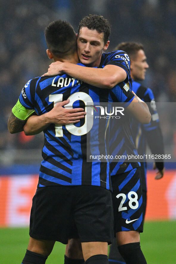 Lautaro Martinez of F.C. Inter celebrates after scoring the goal of 3-0 during the UEFA Champions League 2024/25 League Phase MD2 match betw...