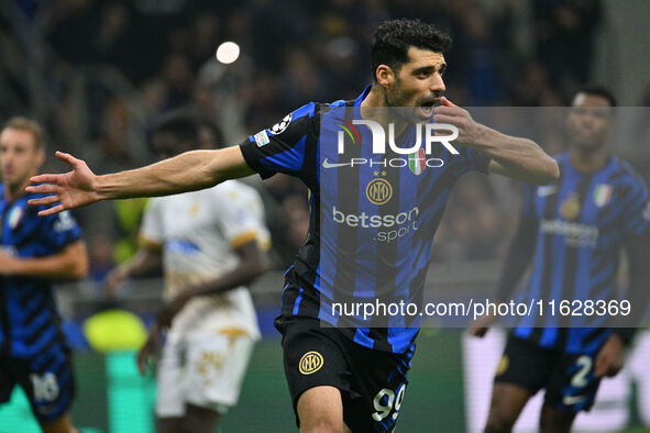 Mehdi Taremi of F.C. Inter celebrates after scoring the fourth goal during the UEFA Champions League 2024/25 League Phase MD2 match between...