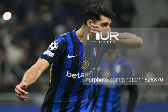 Mehdi Taremi of F.C. Inter celebrates after scoring the fourth goal during the UEFA Champions League 2024/25 League Phase MD2 match between...