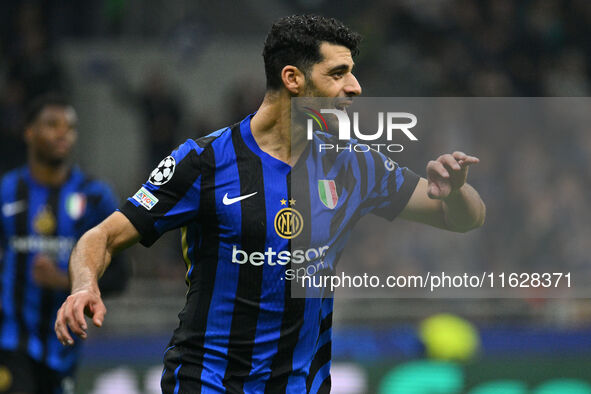 Mehdi Taremi of F.C. Inter celebrates after scoring the fourth goal during the UEFA Champions League 2024/25 League Phase MD2 match between...