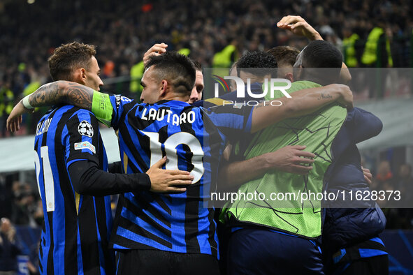 Mehdi Taremi of F.C. Inter celebrates after scoring the fourth goal during the UEFA Champions League 2024/25 League Phase MD2 match between...