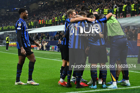 Mehdi Taremi of F.C. Inter celebrates after scoring the fourth goal during the UEFA Champions League 2024/25 League Phase MD2 match between...