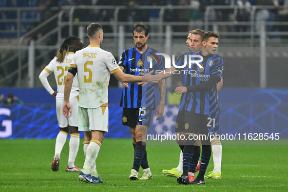 Uros Spajic of FK Crvena Zvezda, Francesco Acerbi, and Kristjan Asllani of F.C. Inter during the UEFA Champions League 2024/25 League Phase...