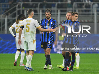 Uros Spajic of FK Crvena Zvezda, Francesco Acerbi, and Kristjan Asllani of F.C. Inter during the UEFA Champions League 2024/25 League Phase...