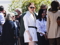 Emma Stone arrives at the photocall of Kinds of Kindness during the 77th Festival de Cannes in Cannes, France, on May 18, 2024 (