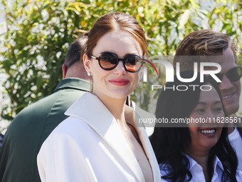 Emma Stone arrives at the photocall of Kinds of Kindness during the 77th Festival de Cannes in Cannes, France, on May 18, 2024 (