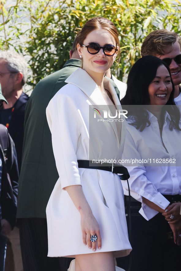 Emma Stone arrives at the photocall of Kinds of Kindness during the 77th Festival de Cannes in Cannes, France, on May 18, 2024 