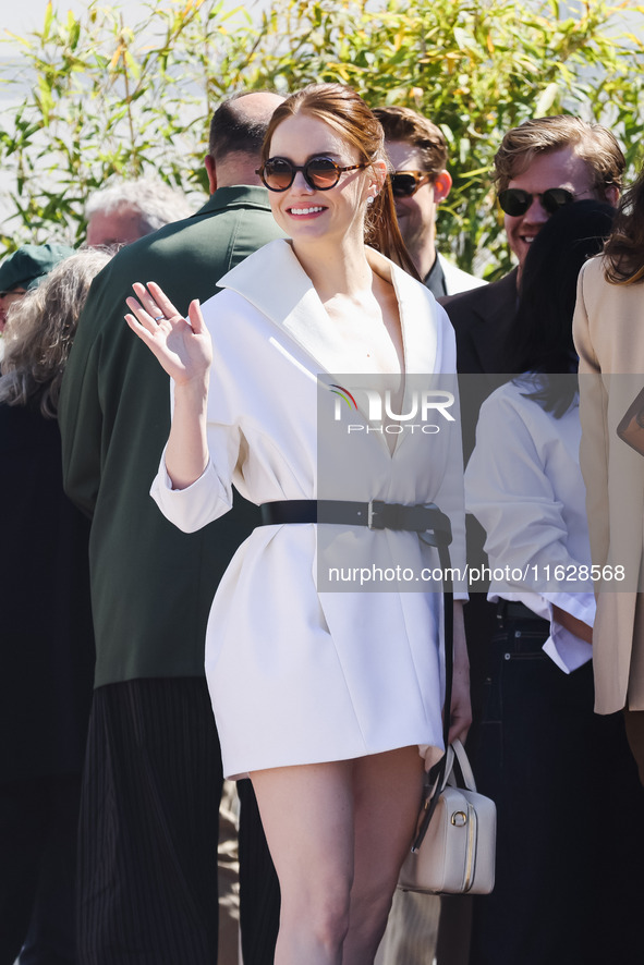 Emma Stone arrives at the photocall of Kinds of Kindness during the 77th Festival de Cannes in Cannes, France, on May 18, 2024 