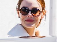 Emma Stone arrives at the photocall of Kinds of Kindness during the 77th Festival de Cannes in Cannes, France, on May 18, 2024 (