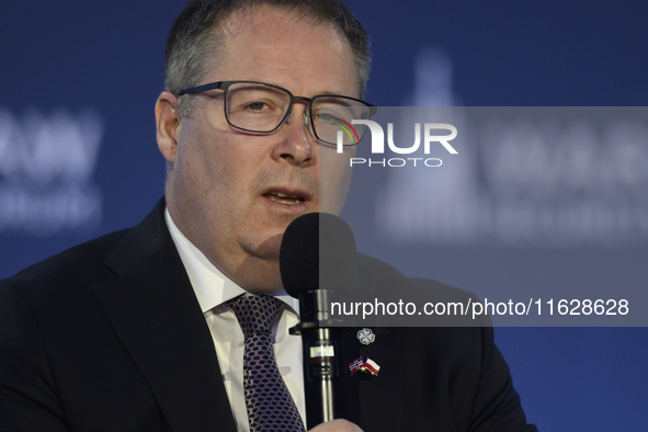 Norway's Defence Minister Bjorn Arild Gram speaks during the Warsaw Security Forum 2024 in Warsaw, Poland on October 1, 2024. WSF2024, entit...