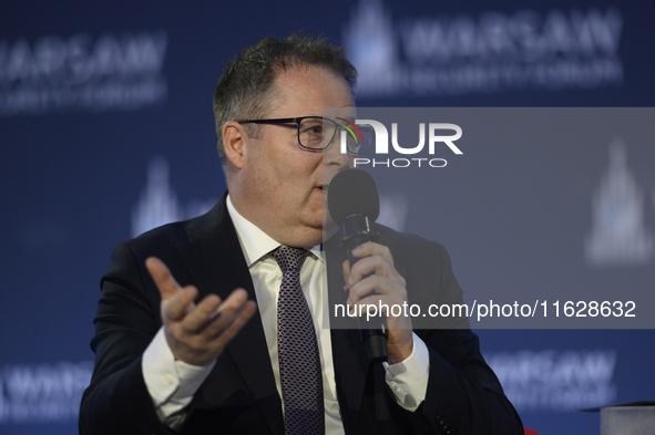 Norway's Defence Minister Bjorn Arild Gram speaks during the Warsaw Security Forum 2024 in Warsaw, Poland on October 1, 2024. WSF2024, entit...