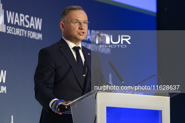 Poland's President Andrzej Duda speaks during the Warsaw Security Forum 2024 in Warsaw, Poland on October 1, 2024. WSF2024, entitled 'Ensuri...