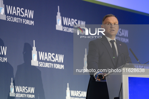 Poland's President Andrzej Duda speaks during the Warsaw Security Forum 2024 in Warsaw, Poland on October 1, 2024. WSF2024, entitled 'Ensuri...