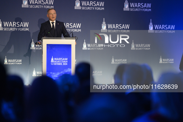 Poland's President Andrzej Duda speaks during the Warsaw Security Forum 2024 in Warsaw, Poland on October 1, 2024. WSF2024, entitled 'Ensuri...