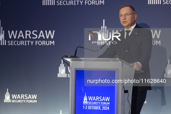 Poland's President Andrzej Duda speaks during the Warsaw Security Forum 2024 in Warsaw, Poland on October 1, 2024. WSF2024, entitled 'Ensuri...