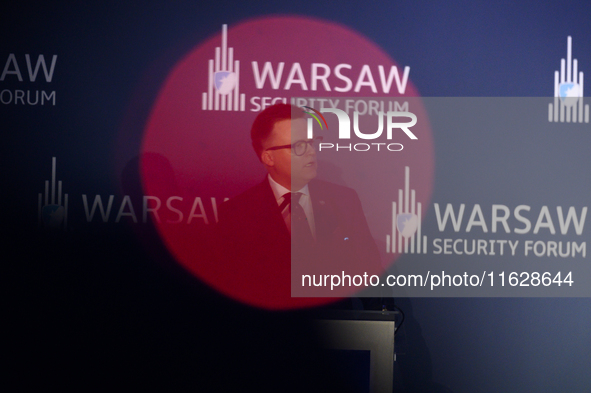 Speaker of the Lower House of Parliament (Sejm) Szymon Holownia speaks during the Warsaw Security Forum 2024 in Warsaw, Poland on October 1,...