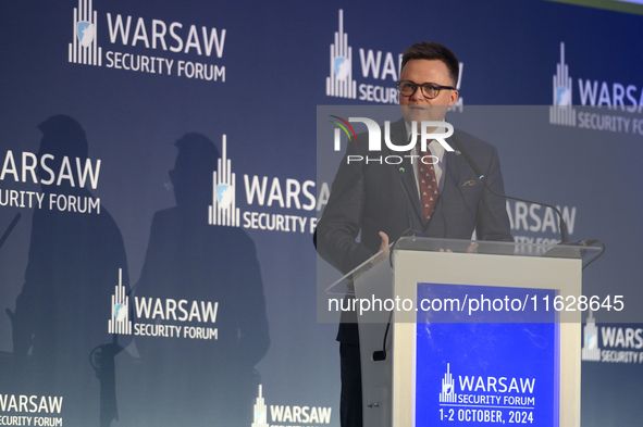 Speaker of the Lower House of Parliament (Sejm) Szymon Holownia speaks during the Warsaw Security Forum 2024 in Warsaw, Poland on October 1,...