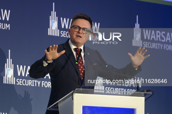 Speaker of the Lower House of Parliament (Sejm) Szymon Holownia speaks during the Warsaw Security Forum 2024 in Warsaw, Poland on October 1,...