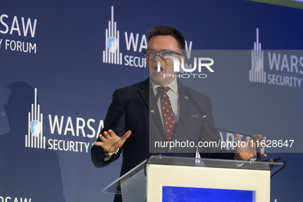 Speaker of the Lower House of Parliament (Sejm) Szymon Holownia speaks during the Warsaw Security Forum 2024 in Warsaw, Poland on October 1,...