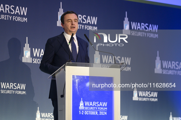 Prime Minister of Kosovo Albin Kurti speaks during the Warsaw Security Forum 2024 in Warsaw, Poland on October 1, 2024. WSF2024, entitled 'E...