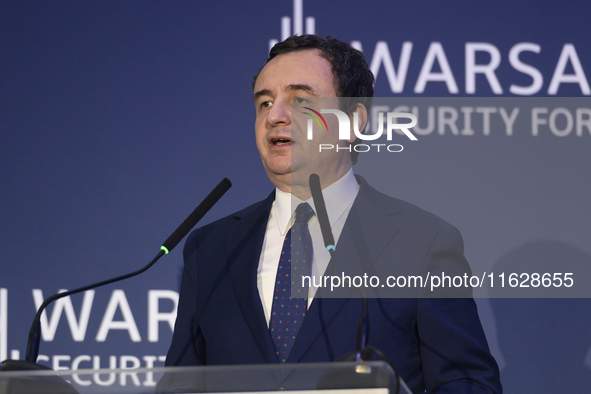 Prime Minister of Kosovo Albin Kurti speaks during the Warsaw Security Forum 2024 in Warsaw, Poland on October 1, 2024. WSF2024, entitled 'E...