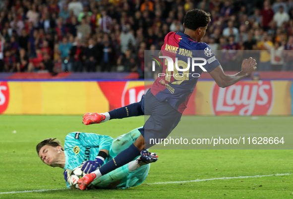 Lamine Yamal and Marvin Keller play during the match between FC Barcelona and BSC Young Boys in the week 2 of the League Stage of the UEFA C...