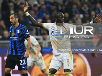 Cherif Ndiaye of FK Crvena Zvezda is in action during the UEFA Champions League 2024/25 League Phase MD2 match between F.C. Inter and F.K. C...