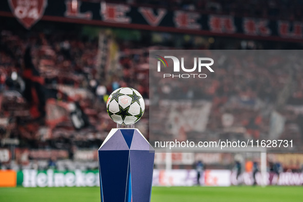 The match ball is presented prior to the UEFA Champions League 2024/25 League Phase MD2 match between Bayer 04 Leverkusen and AC Milan at Ba...