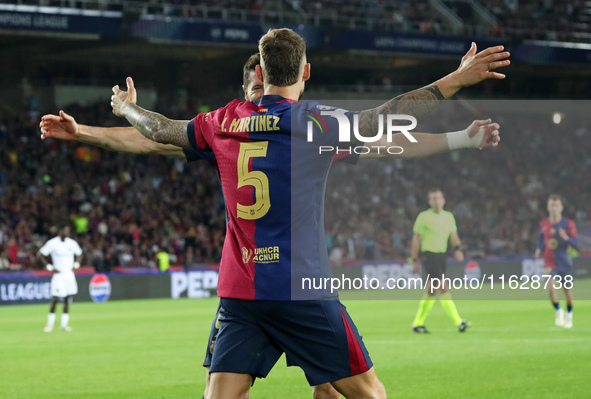 Inigo Martinez and Robert Lewandowski celebrate a goal during the match between FC Barcelona and BSC Young Boys in the week 2 of the League...