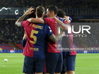 Robert Lewandowski celebrates a goal during the match between FC Barcelona and BSC Young Boys in the week 2 of the League Stage of the UEFA...