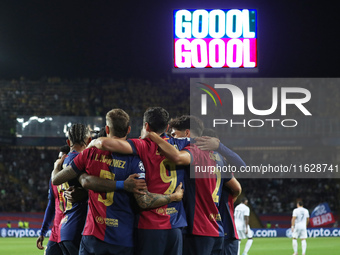 Robert Lewandowski celebrates a goal during the match between FC Barcelona and BSC Young Boys in the week 2 of the League Stage of the UEFA...