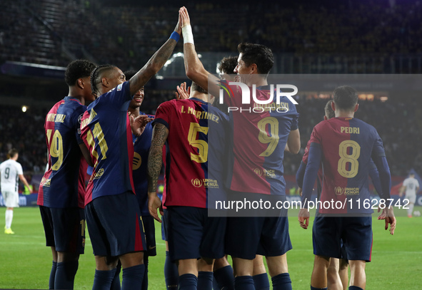 Robert Lewandowski celebrates a goal during the match between FC Barcelona and BSC Young Boys in the week 2 of the League Stage of the UEFA...