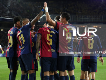 Robert Lewandowski celebrates a goal during the match between FC Barcelona and BSC Young Boys in the week 2 of the League Stage of the UEFA...