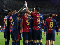 Robert Lewandowski celebrates a goal during the match between FC Barcelona and BSC Young Boys in the week 2 of the League Stage of the UEFA...