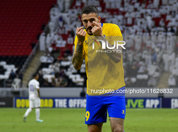 Jose Luis Mato of Al Gharafa SC celebrates after scoring a goal during the AFC Champions League elite west football match between Qatar's Al...