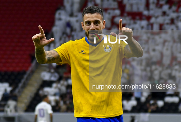 Jose Luis Mato of Al Gharafa SC celebrates after scoring a goal during the AFC Champions League elite west football match between Qatar's Al...