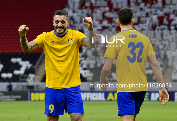 Jose Luis Mato of Al Gharafa SC celebrates after scoring a goal during the AFC Champions League elite west football match between Qatar's Al...