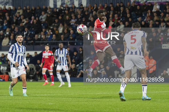 Middlesbrough's Emmanuel Latte Lath heads the ball, but his header is wide during the Sky Bet Championship match between West Bromwich Albio...