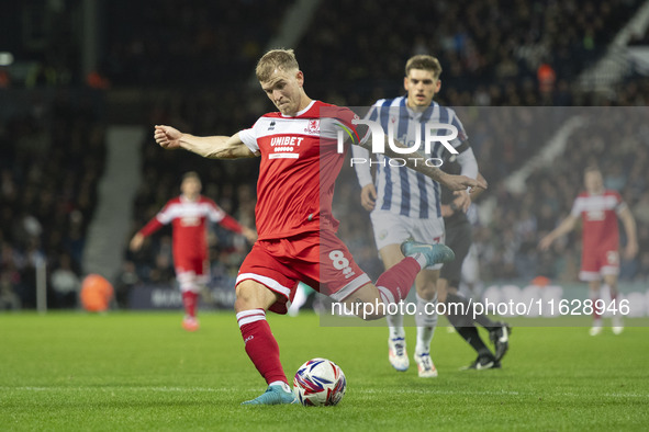 Riley McGree of Middlesbrough shoots on goal during the Sky Bet Championship match between West Bromwich Albion and Middlesbrough at The Haw...