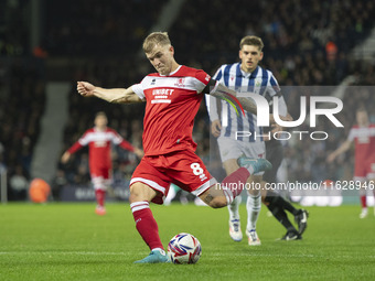 Riley McGree of Middlesbrough shoots on goal during the Sky Bet Championship match between West Bromwich Albion and Middlesbrough at The Haw...