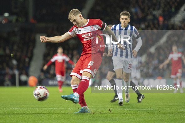 Riley McGree of Middlesbrough shoots on goal during the Sky Bet Championship match between West Bromwich Albion and Middlesbrough at The Haw...