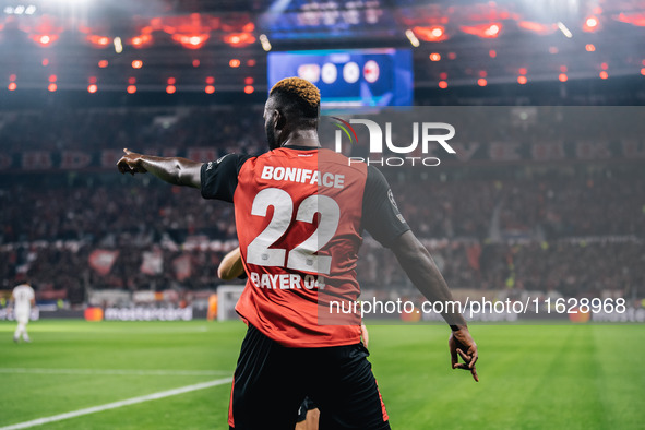 Victor Boniface of Bayer 04 Leverkusen celebrates after scoring a goal which is later disallowed for offside during the UEFA Champions Leagu...