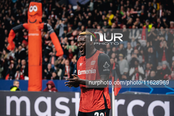 Victor Boniface of Bayer 04 Leverkusen celebrates after scoring a goal which is later disallowed for offside during the UEFA Champions Leagu...