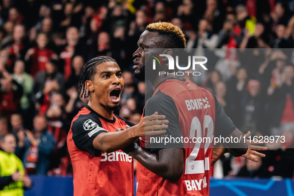 Victor Boniface of Bayer 04 Leverkusen celebrates with Amine Adli of Bayer 04 Leverkusen after scoring a goal which is later disallowed for...