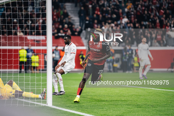 Victor Boniface of Bayer 04 Leverkusen celebrates after scoring a goal which is later disallowed for offside during the UEFA Champions Leagu...