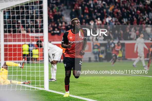 Victor Boniface of Bayer 04 Leverkusen celebrates after scoring a goal which is later disallowed for offside during the UEFA Champions Leagu...