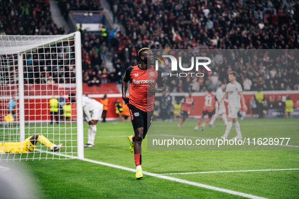 Victor Boniface of Bayer 04 Leverkusen celebrates after scoring a goal which is later disallowed for offside during the UEFA Champions Leagu...