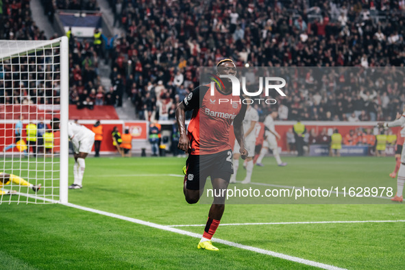 Victor Boniface of Bayer 04 Leverkusen celebrates after scoring a goal which is later disallowed for offside during the UEFA Champions Leagu...